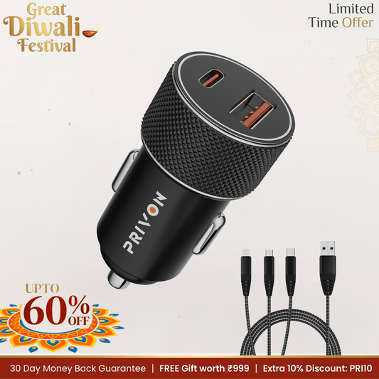 60 W Car Charger with 3-in-1 Cable