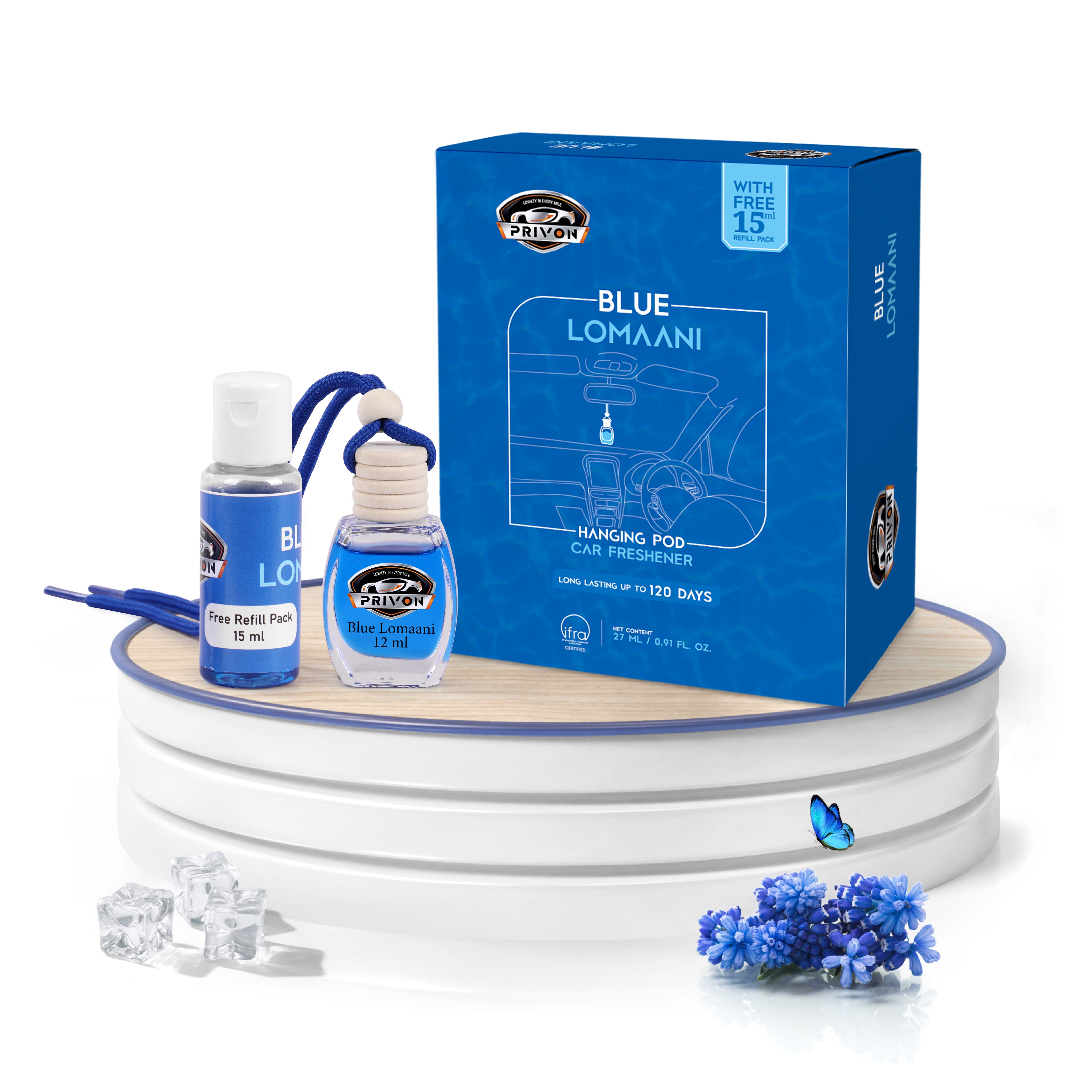 PRIVON Car Perfume Diffuser | 120 Days Long Lasting fragrance | Car Air Freshener Hanging Pod with 15 ml Refill Pack | Natural Organic Essential Oil | 27 ml - pack of 1 (pack of 1, Blue Lomaani)