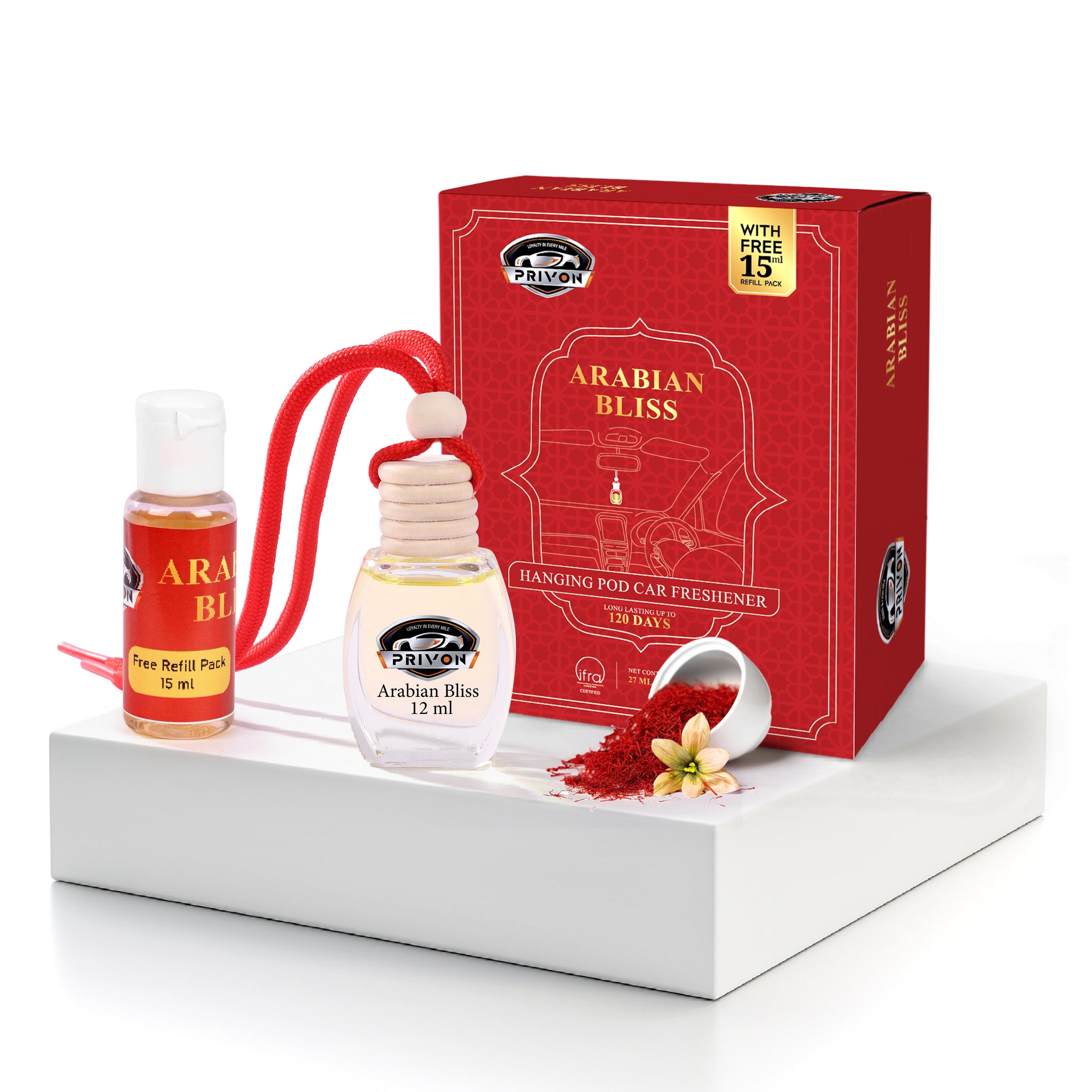 PRIVON Car Perfume Diffuser | 120 Days Long Lasting fragrance | Car Air Freshener Hanging Pod with 15 ml Refill Pack | Natural Organic Essential Oil | 27 ml - pack of 1 (pack of 1, Arabian Bliss)