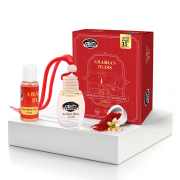 PRIVON Car Perfume Diffuser | 120 Days Long Lasting fragrance | Car Air Freshener Hanging Pod with 15 ml Refill Pack | Natural Organic Essential Oil | 27 ml - pack of 1 (pack of 1, Arabian Bliss)