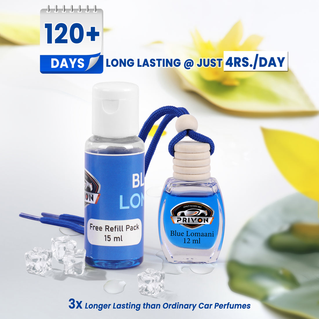 PRIVON Car Perfume Diffuser | 120 Days Long Lasting fragrance | Car Air Freshener Hanging Pod with 15 ml Refill Pack | Natural Organic Essential Oil | 27 ml - pack of 1 (pack of 1, Blue Lomaani)