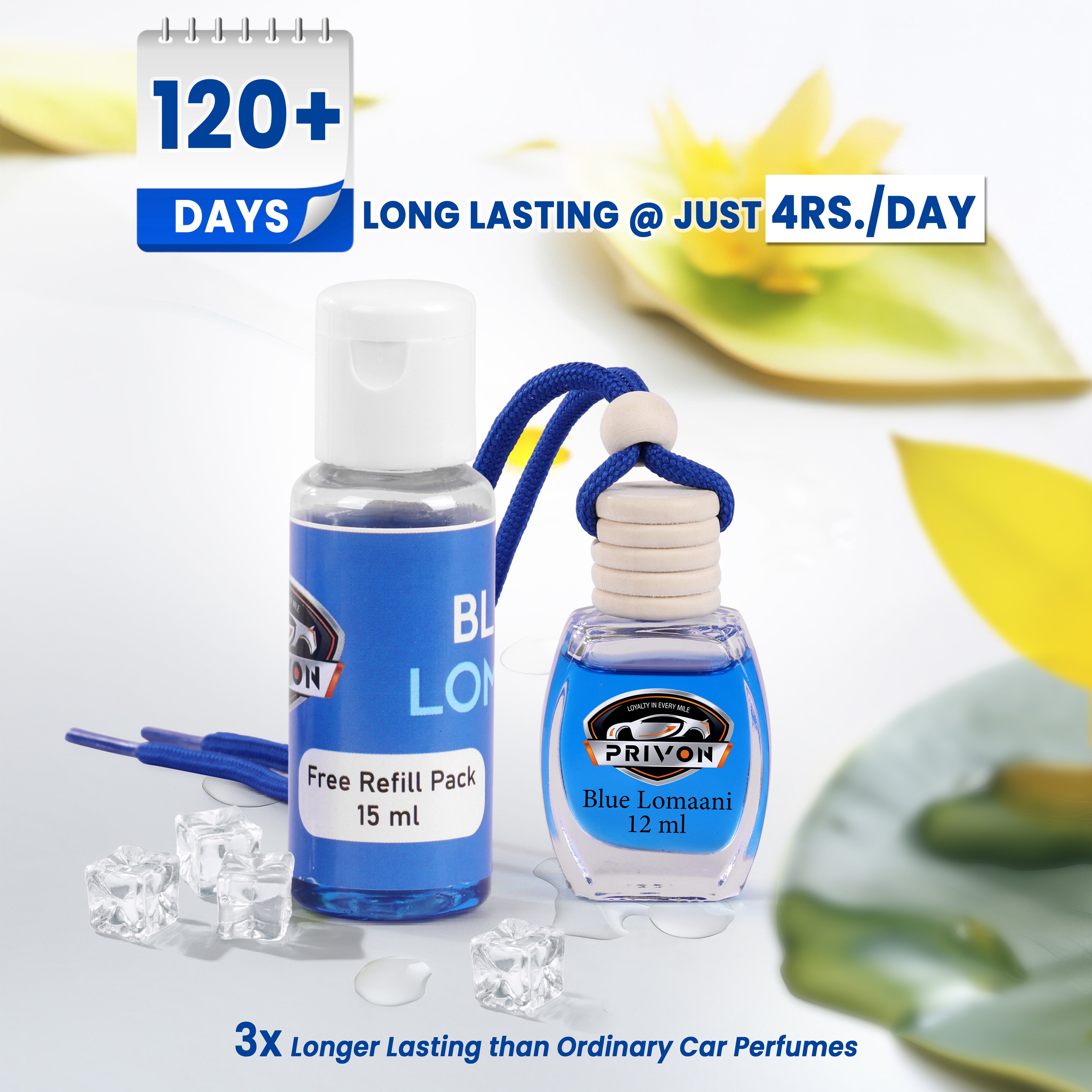 PRIVON Car Perfume Diffuser | 120 Days Long Lasting fragrance | Car Air Freshener Hanging Pod with 15 ml Refill Pack | Natural Organic Essential Oil | 27 ml - pack of 1 (pack of 1, Blue Lomaani)