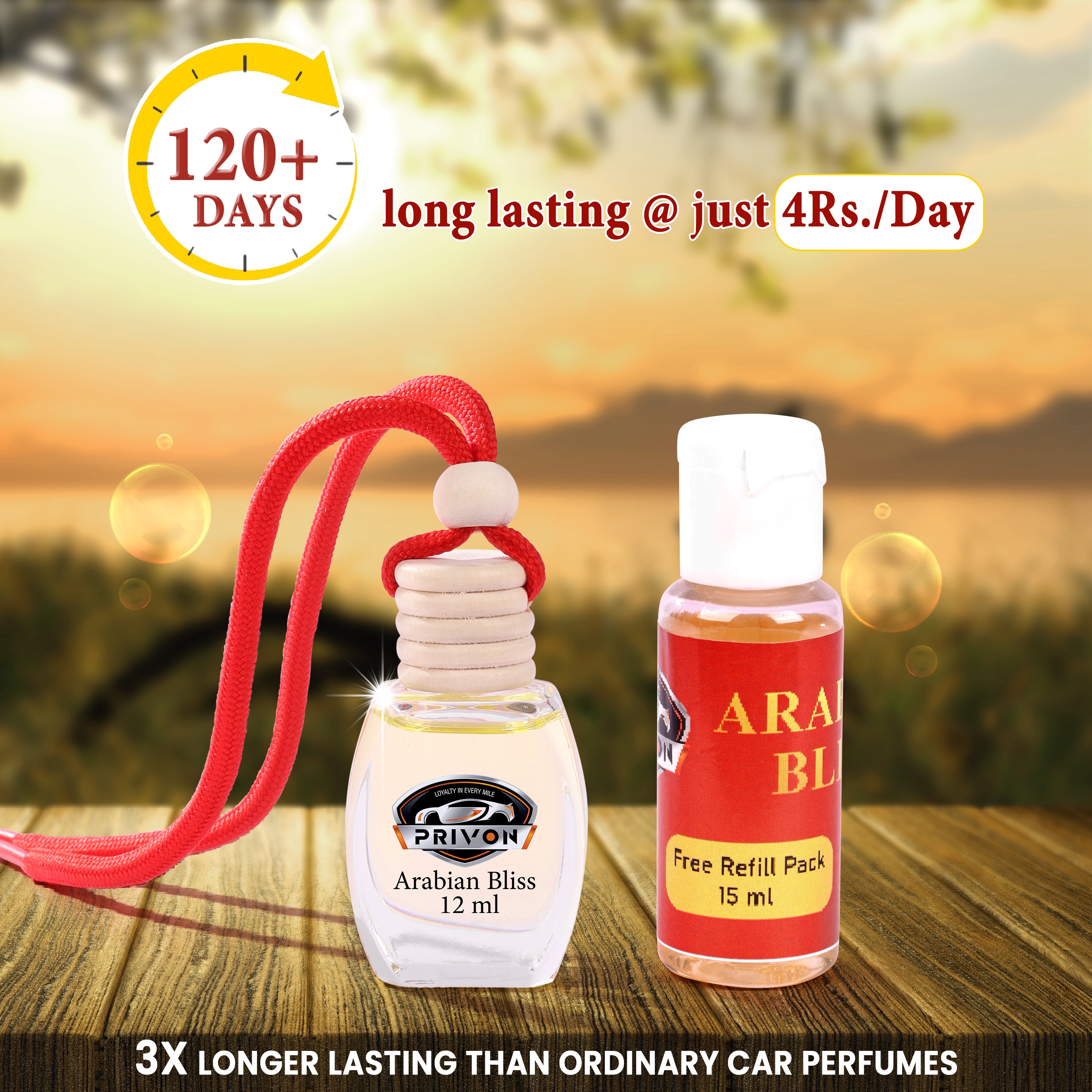 PRIVON Car Perfume Diffuser | 120 Days Long Lasting fragrance | Car Air Freshener Hanging Pod with 15 ml Refill Pack | Natural Organic Essential Oil | 27 ml - pack of 1 (pack of 1, Arabian Bliss)