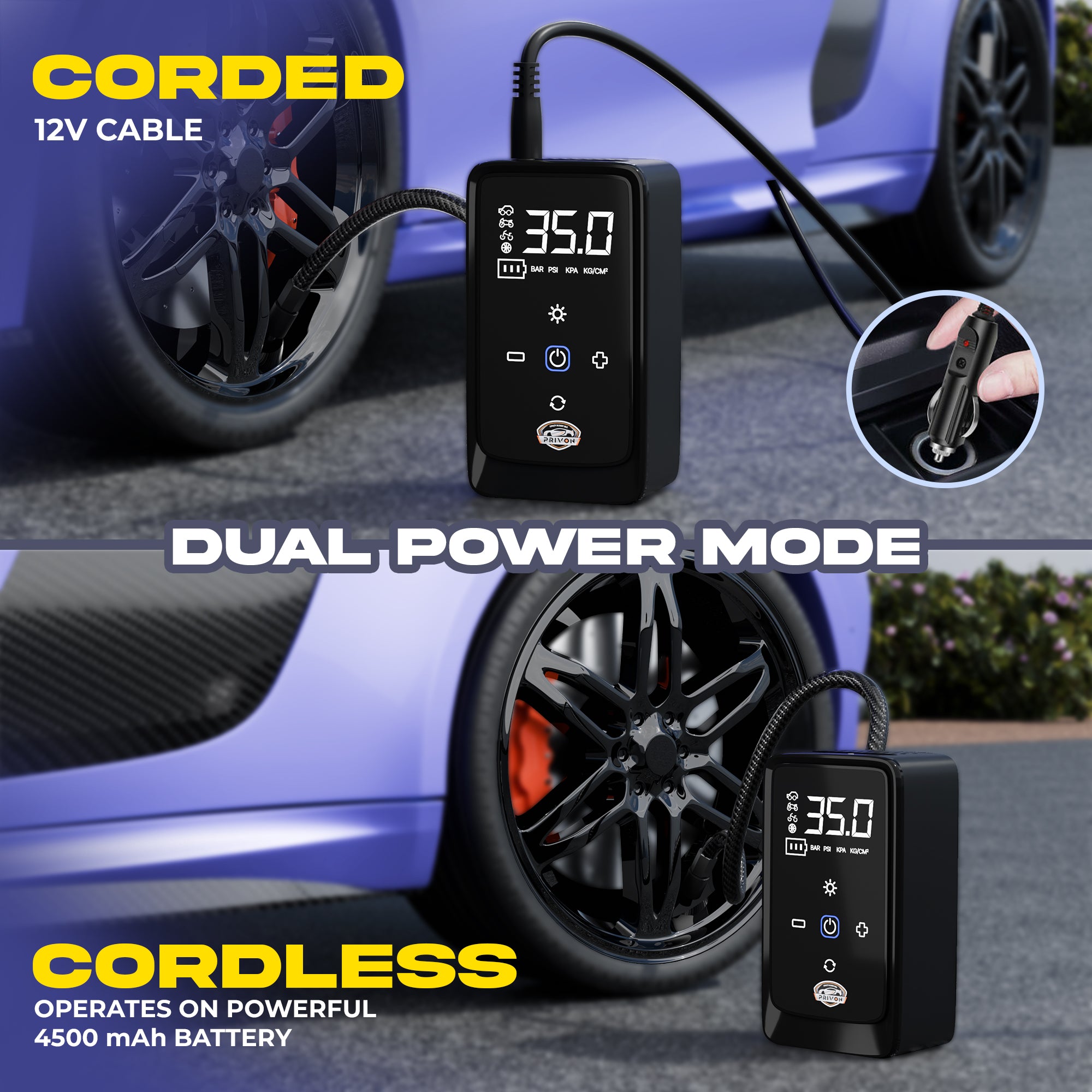 PRIVON Portable Tyre Inflator for Car and Bike, Cycle | 4500mAh Cordless & 12V Car Socket Air Pump | 150 PSI Digital Display | LED Flashlight | Power Bank | Auto Shut Off | 18M Warranty (Tez 1.0)