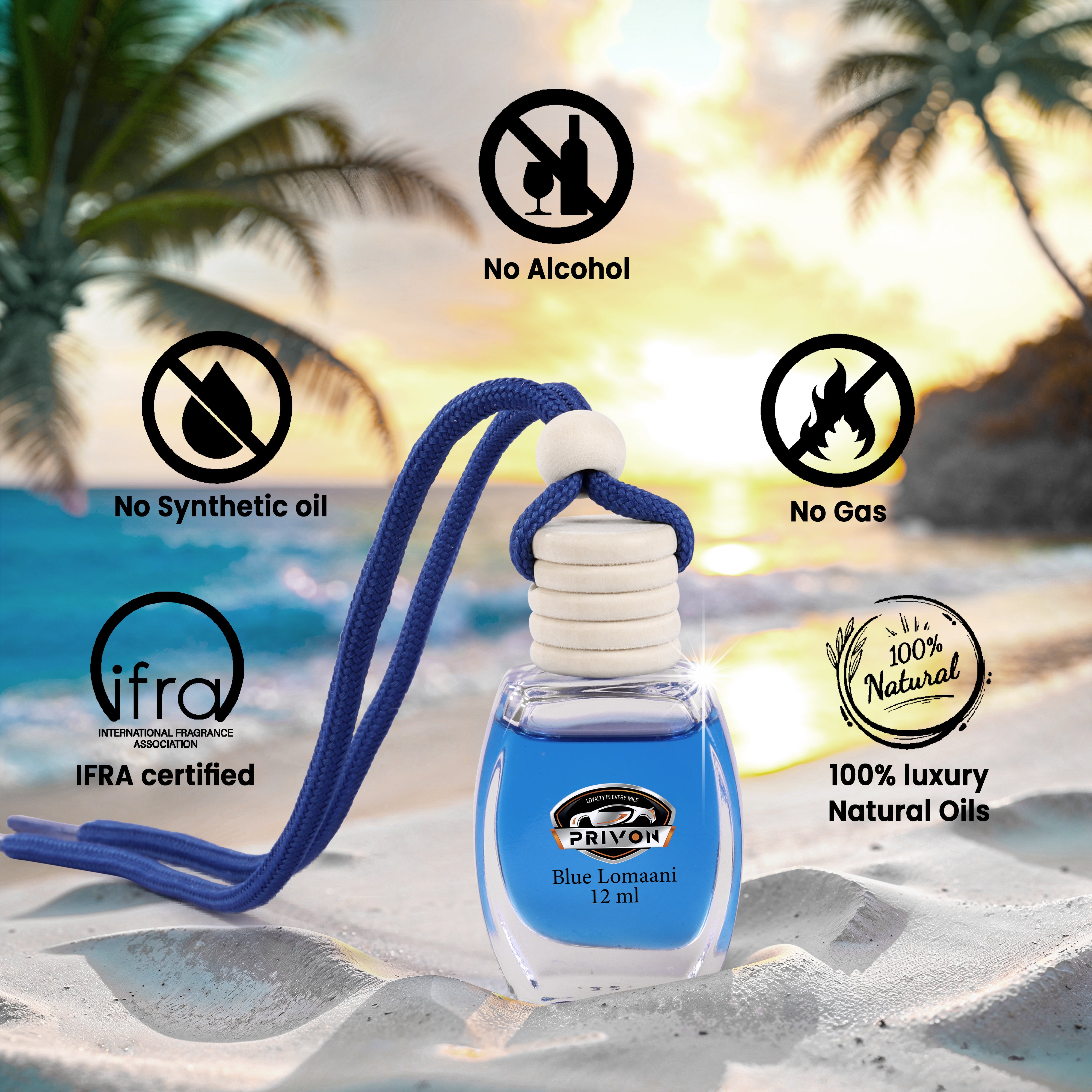 PRIVON Car Perfume Diffuser | 120 Days Long Lasting fragrance | Car Air Freshener Hanging Pod with 15 ml Refill Pack | Natural Organic Essential Oil | 27 ml - pack of 1 (pack of 1, Blue Lomaani)