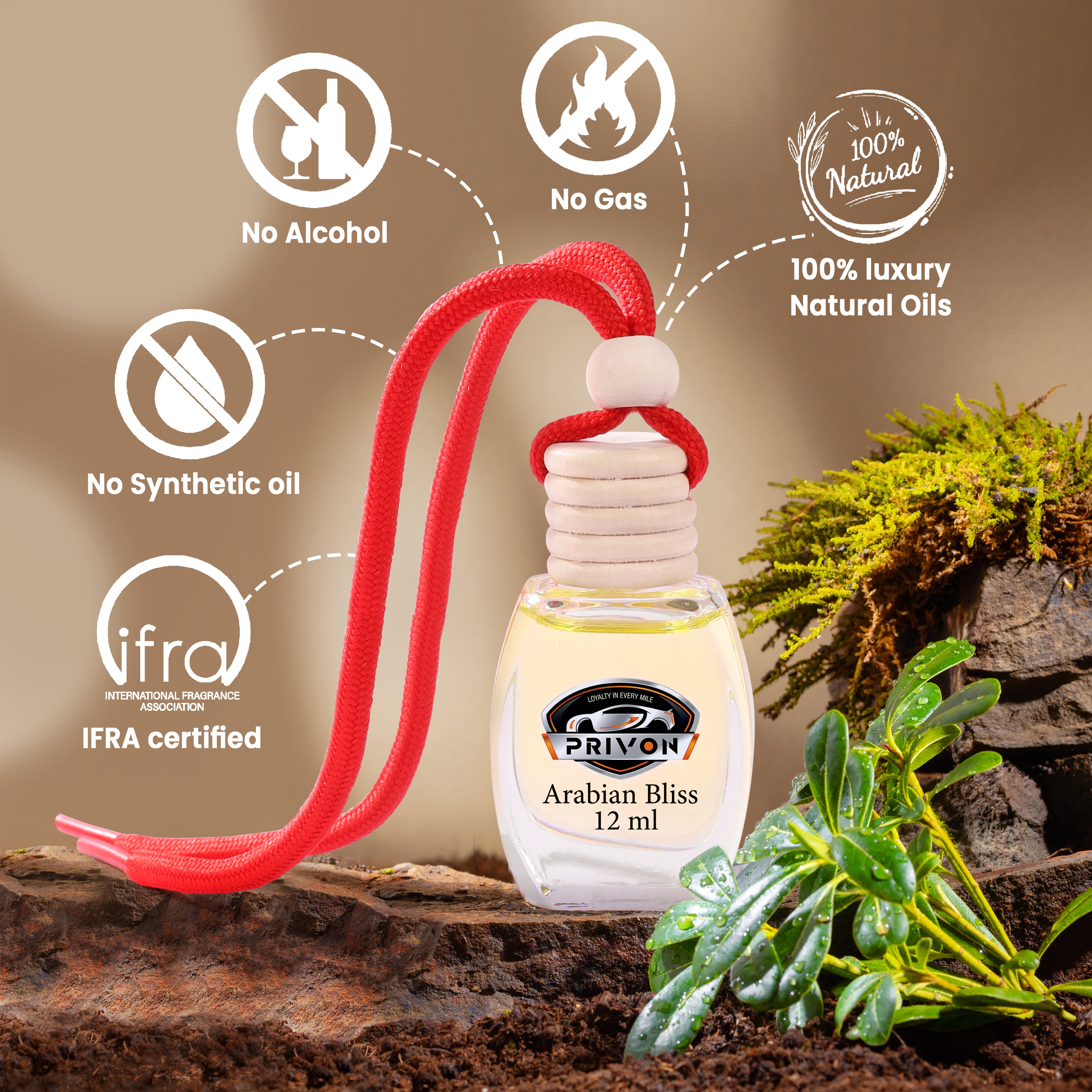 PRIVON Car Perfume Diffuser | 120 Days Long Lasting fragrance | Car Air Freshener Hanging Pod with 15 ml Refill Pack | Natural Organic Essential Oil | 27 ml - pack of 1 (pack of 1, Arabian Bliss)