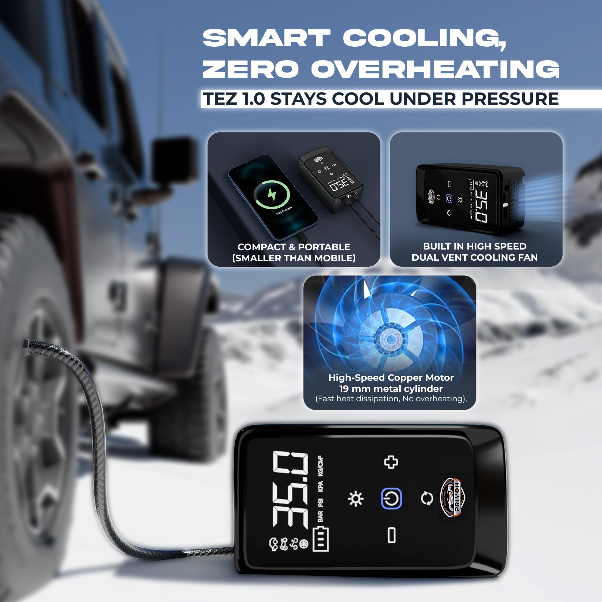 PRIVON Portable Tyre Inflator for Car and Bike, Cycle | 4500mAh Cordless & 12V Car Socket Air Pump | 150 PSI Digital Display | LED Flashlight | Power Bank | Auto Shut Off | 18M Warranty (Tez 1.0)