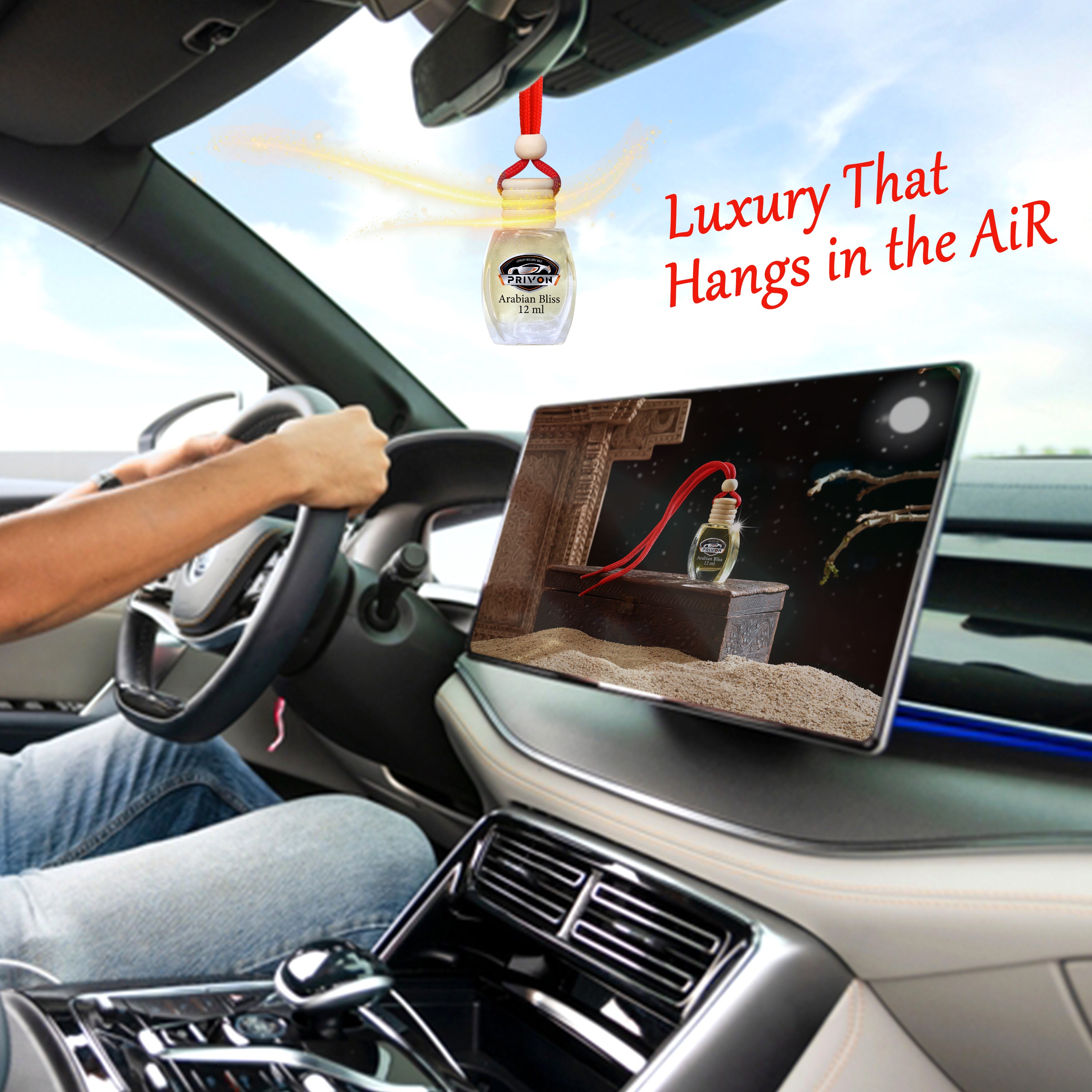 PRIVON Car Perfume Diffuser | 120 Days Long Lasting fragrance | Car Air Freshener Hanging Pod with 15 ml Refill Pack | Natural Organic Essential Oil | 27 ml - pack of 1 (pack of 1, Arabian Bliss)