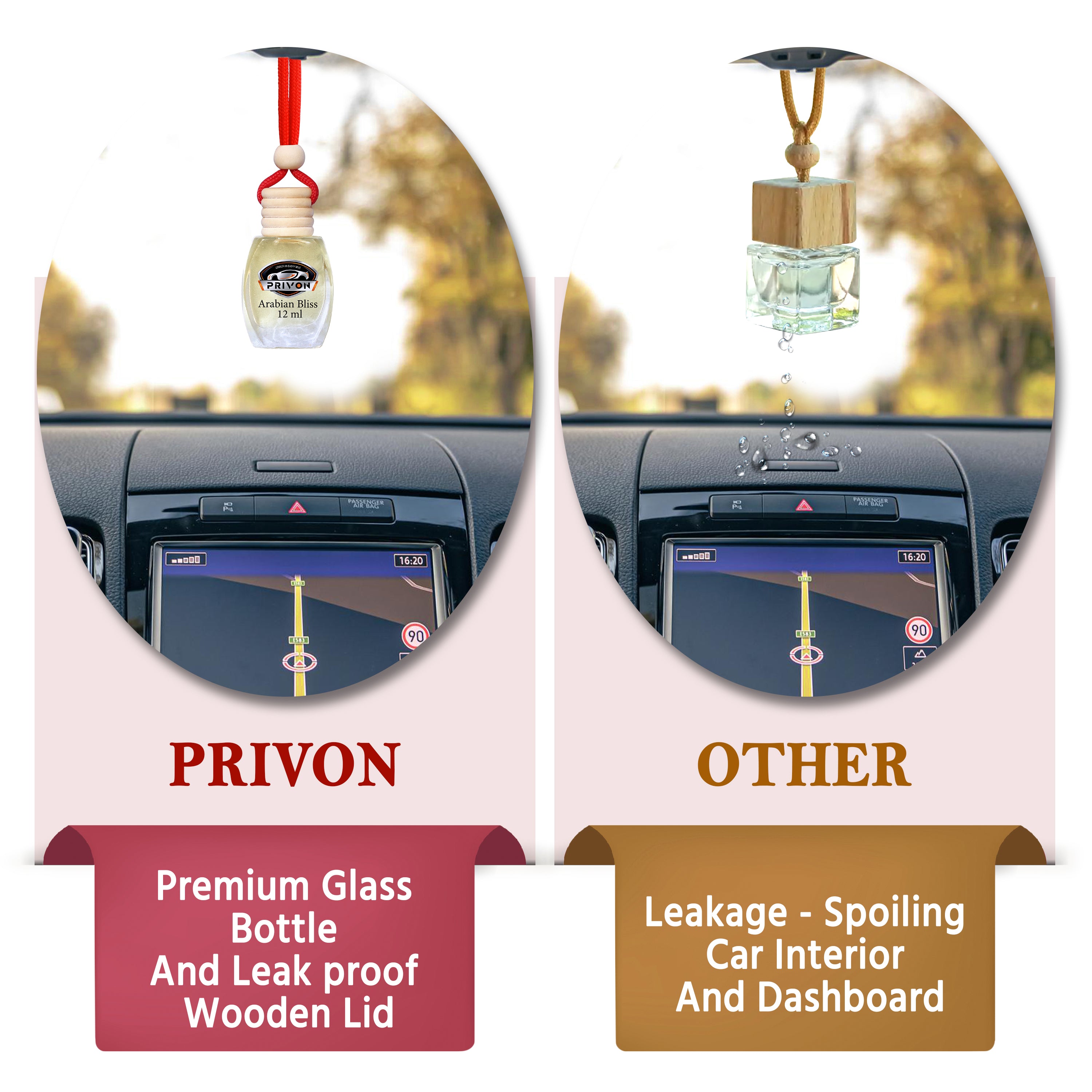 PRIVON Car Perfume Diffuser | 120 Days Long Lasting fragrance | Car Air Freshener Hanging Pod with 15 ml Refill Pack | Natural Organic Essential Oil | 27 ml - pack of 1 (pack of 1, Arabian Bliss)