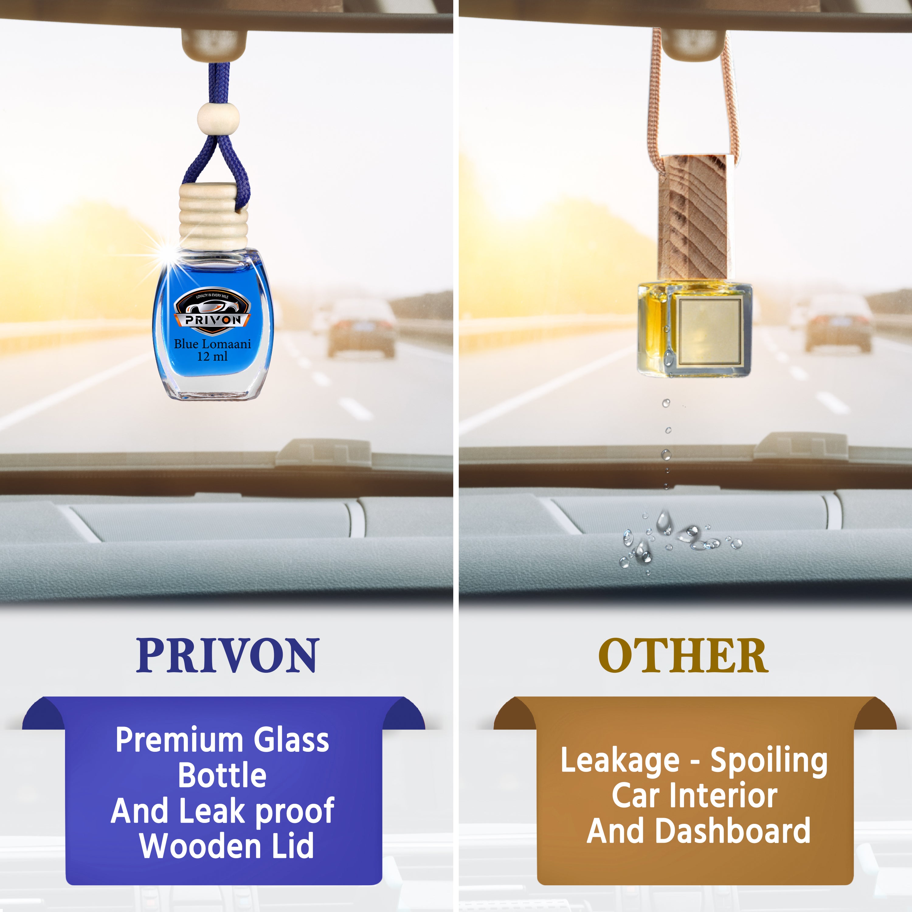 PRIVON Car Perfume Diffuser | 120 Days Long Lasting fragrance | Car Air Freshener Hanging Pod with 15 ml Refill Pack | Natural Organic Essential Oil | 27 ml - pack of 1 (pack of 1, Blue Lomaani)