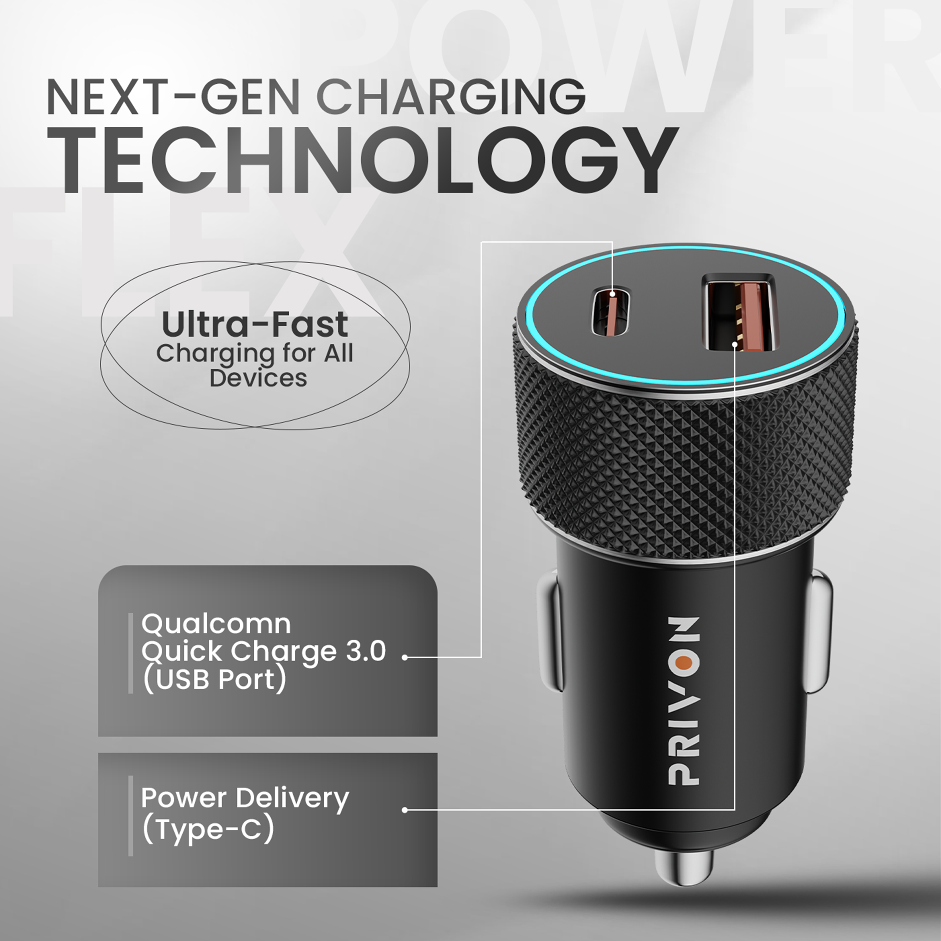PRIVON 60 W Fast Car Charger with 3-in-1 Multi-Device Cable, 2 Ports (1× USB-A + 1× Type-C), PD & QC Fast Charging – Compatible with iOS & Android Mobile, Tablet, Earbuds, Power Bank & Smartwatch