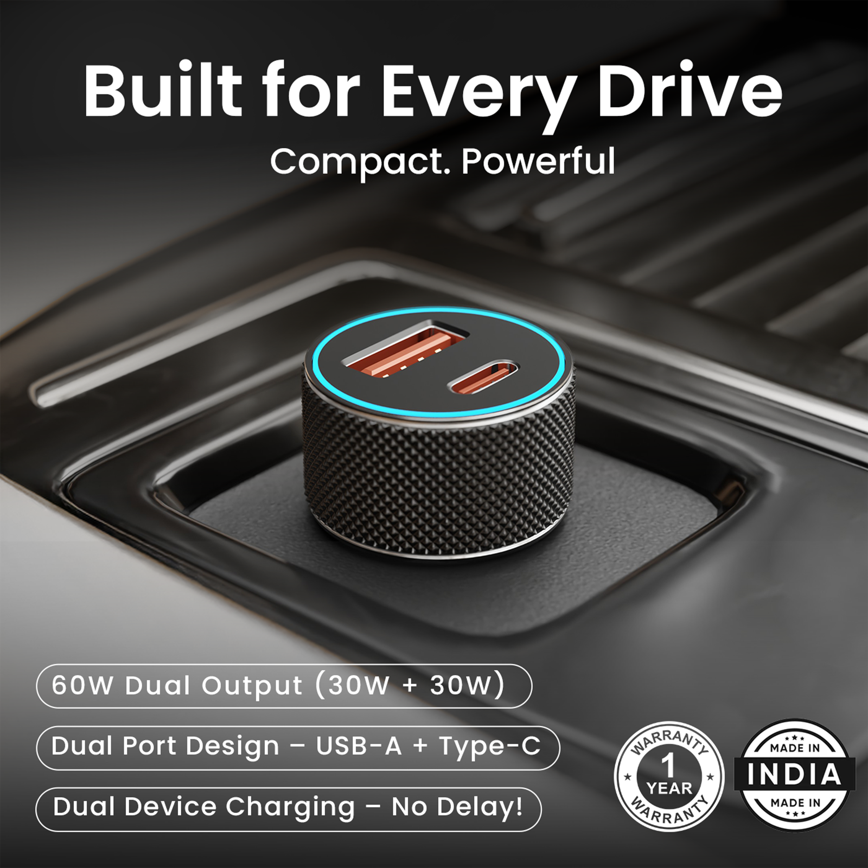 PRIVON 60 W Fast Car Charger with 3-in-1 Multi-Device Cable, 2 Ports (1× USB-A + 1× Type-C), PD & QC Fast Charging – Compatible with iOS & Android Mobile, Tablet, Earbuds, Power Bank & Smartwatch