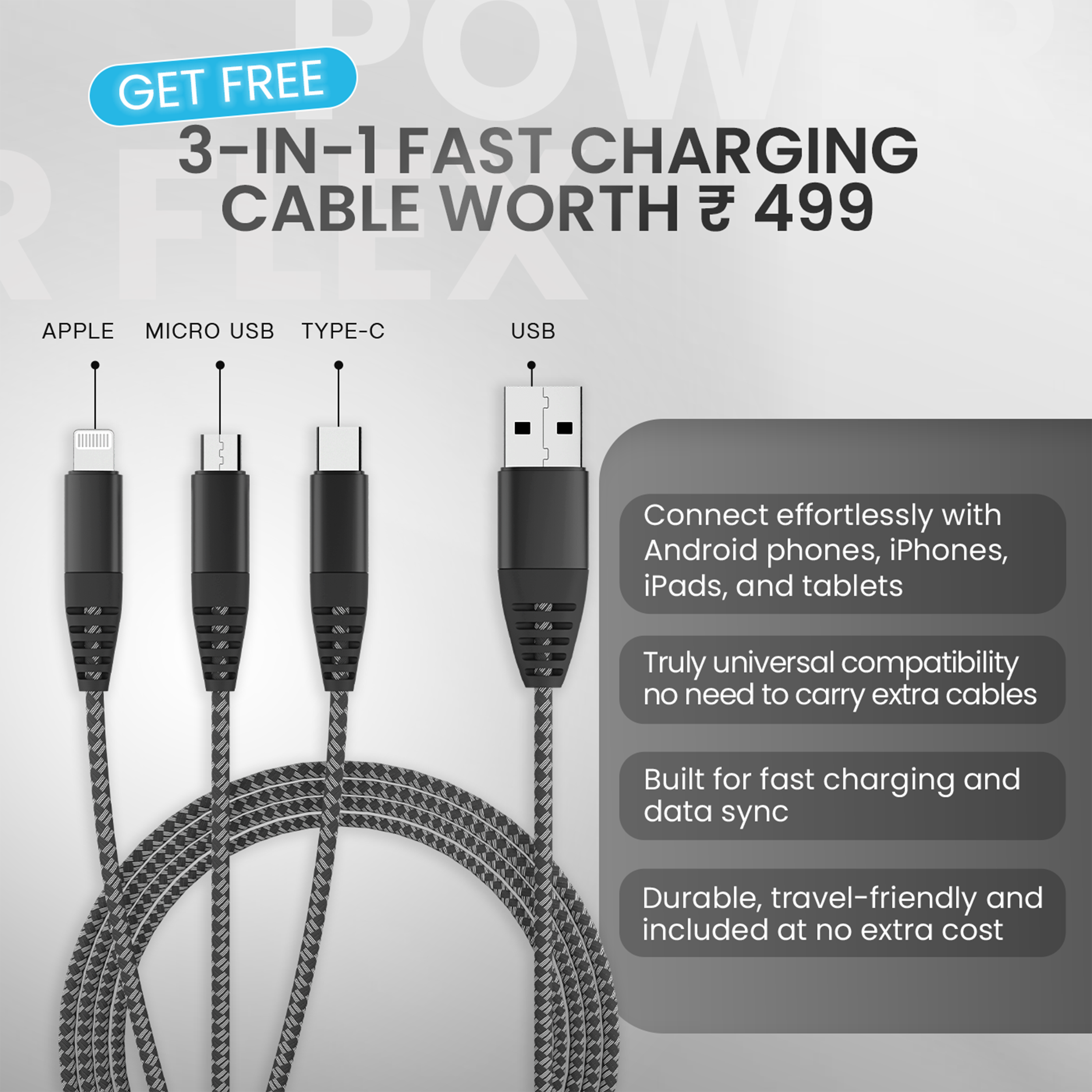 PRIVON 60 W Fast Car Charger with 3-in-1 Multi-Device Cable, 2 Ports (1× USB-A + 1× Type-C), PD & QC Fast Charging – Compatible with iOS & Android Mobile, Tablet, Earbuds, Power Bank & Smartwatch