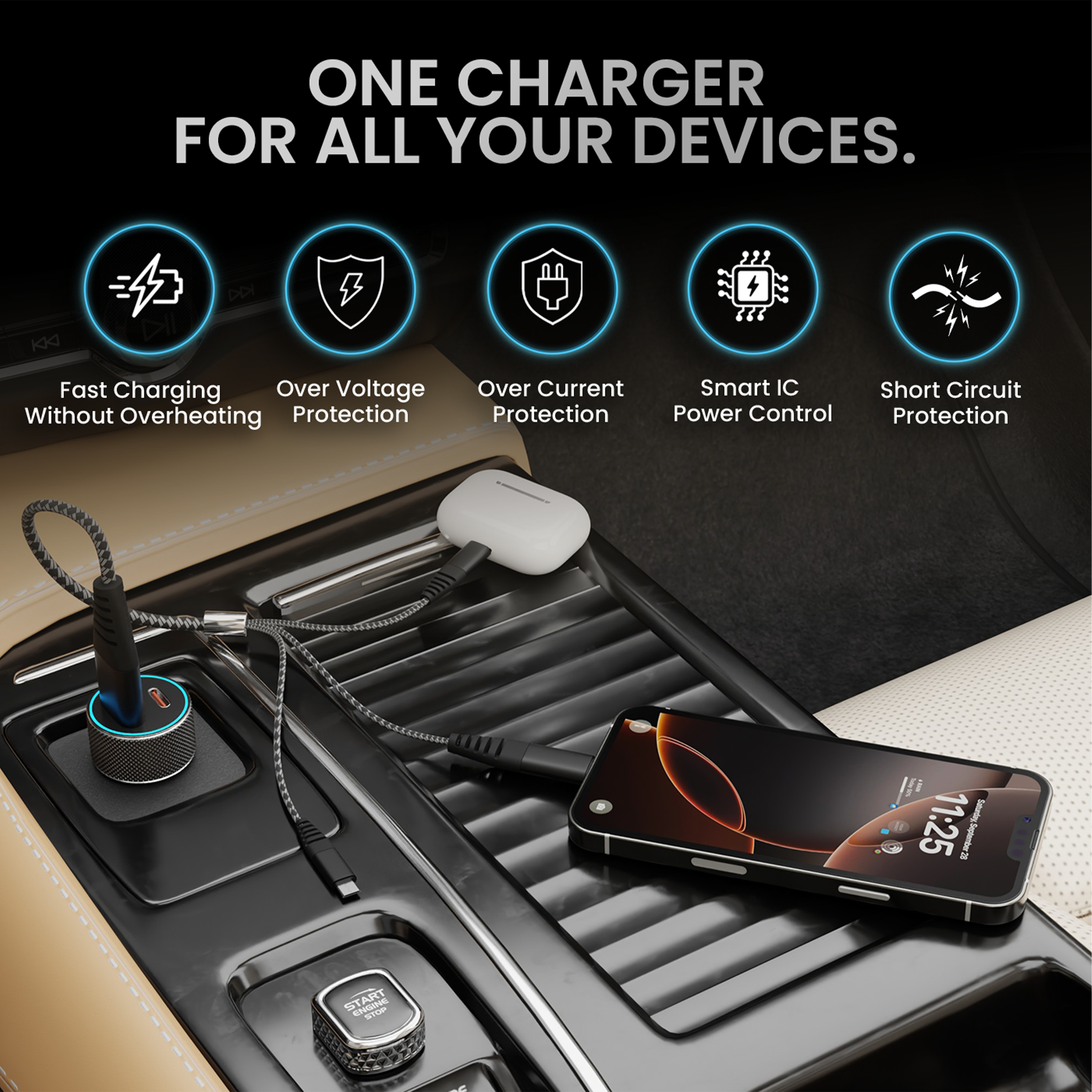 PRIVON 60 W Fast Car Charger with 3-in-1 Multi-Device Cable, 2 Ports (1× USB-A + 1× Type-C), PD & QC Fast Charging – Compatible with iOS & Android Mobile, Tablet, Earbuds, Power Bank & Smartwatch