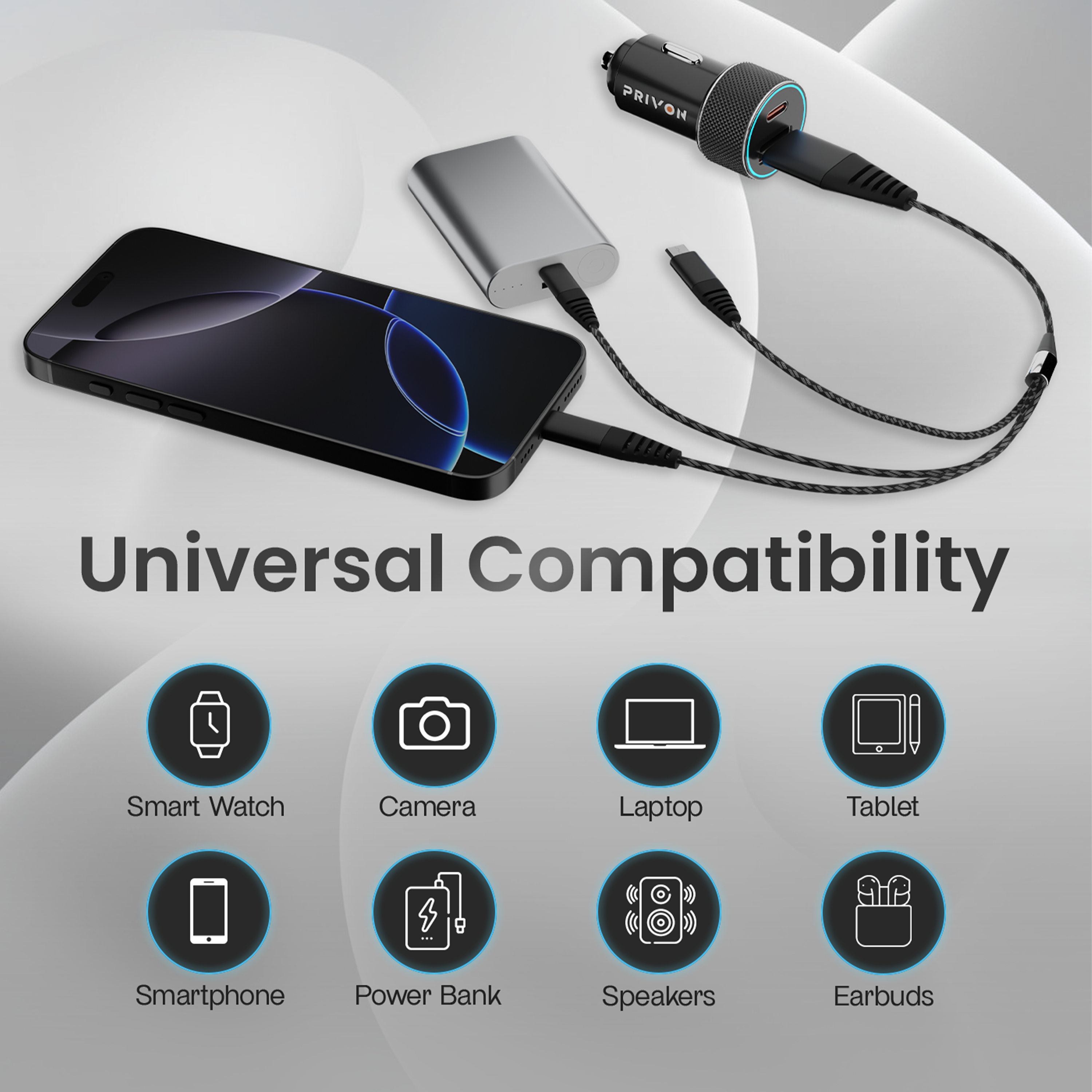 PRIVON 60 W Fast Car Charger with 3-in-1 Multi-Device Cable, 2 Ports (1× USB-A + 1× Type-C), PD & QC Fast Charging – Compatible with iOS & Android Mobile, Tablet, Earbuds, Power Bank & Smartwatch