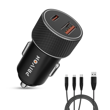 PRIVON 60 W Fast Car Charger with 3-in-1 Multi-Device Cable, 2 Ports (1× USB-A + 1× Type-C), PD & QC Fast Charging – Compatible with iOS & Android Mobile, Tablet, Earbuds, Power Bank & Smartwatch
