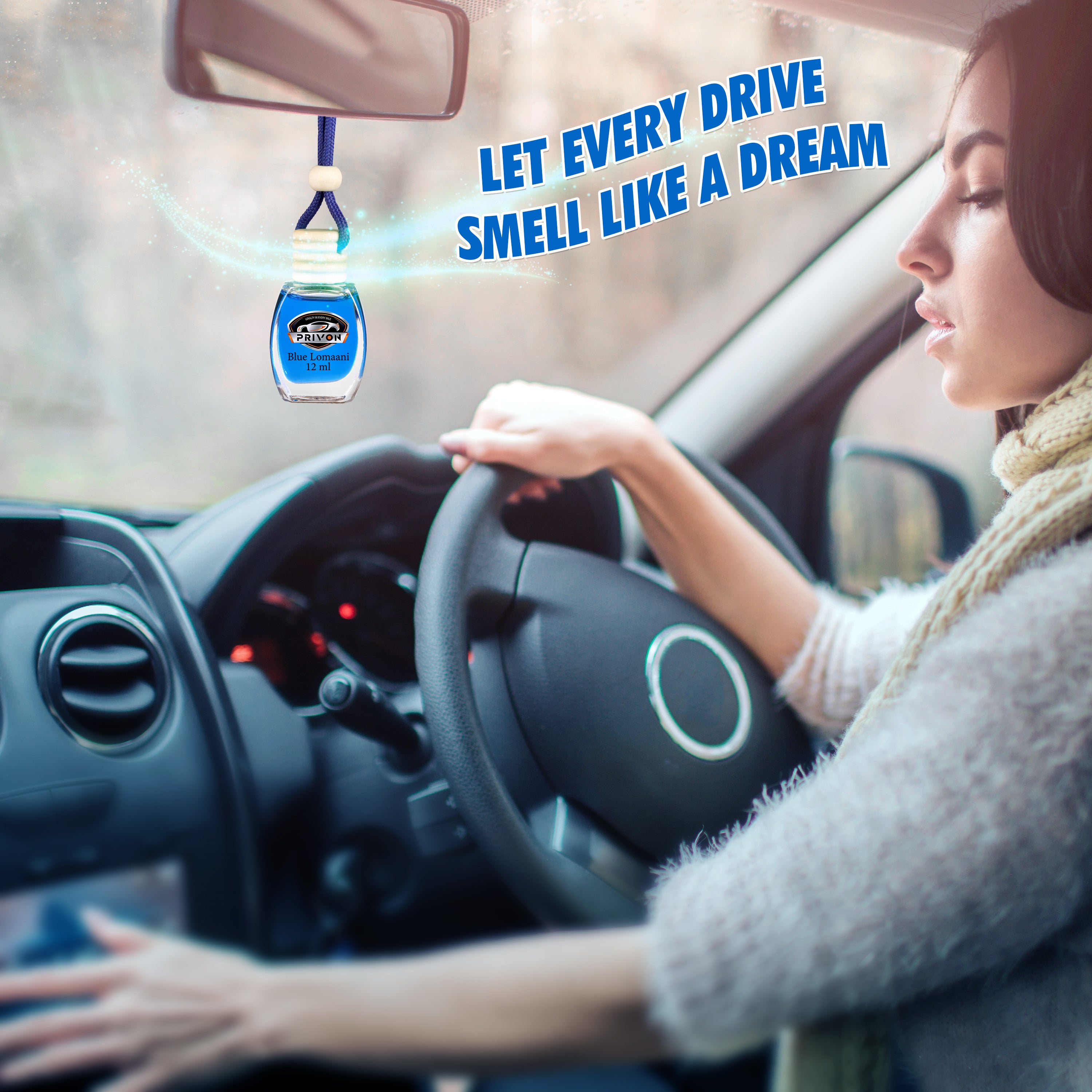 PRIVON Car Perfume Diffuser | 120 Days Long Lasting fragrance | Car Air Freshener Hanging Pod with 15 ml Refill Pack | Natural Organic Essential Oil | 27 ml - pack of 1 (pack of 1, Blue Lomaani)