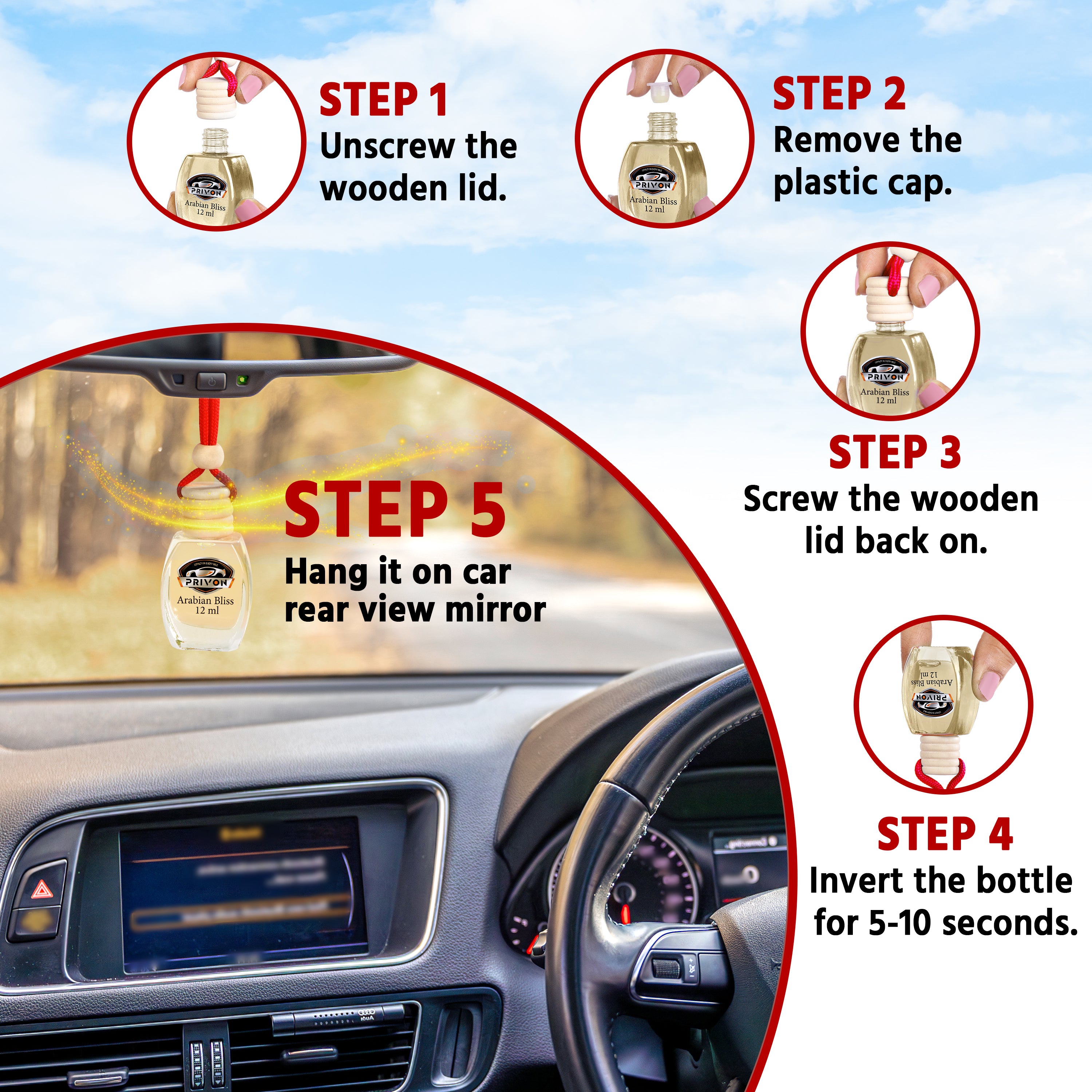 PRIVON Car Perfume Diffuser | 120 Days Long Lasting fragrance | Car Air Freshener Hanging Pod with 15 ml Refill Pack | Natural Organic Essential Oil | 27 ml - pack of 1 (pack of 1, Arabian Bliss)