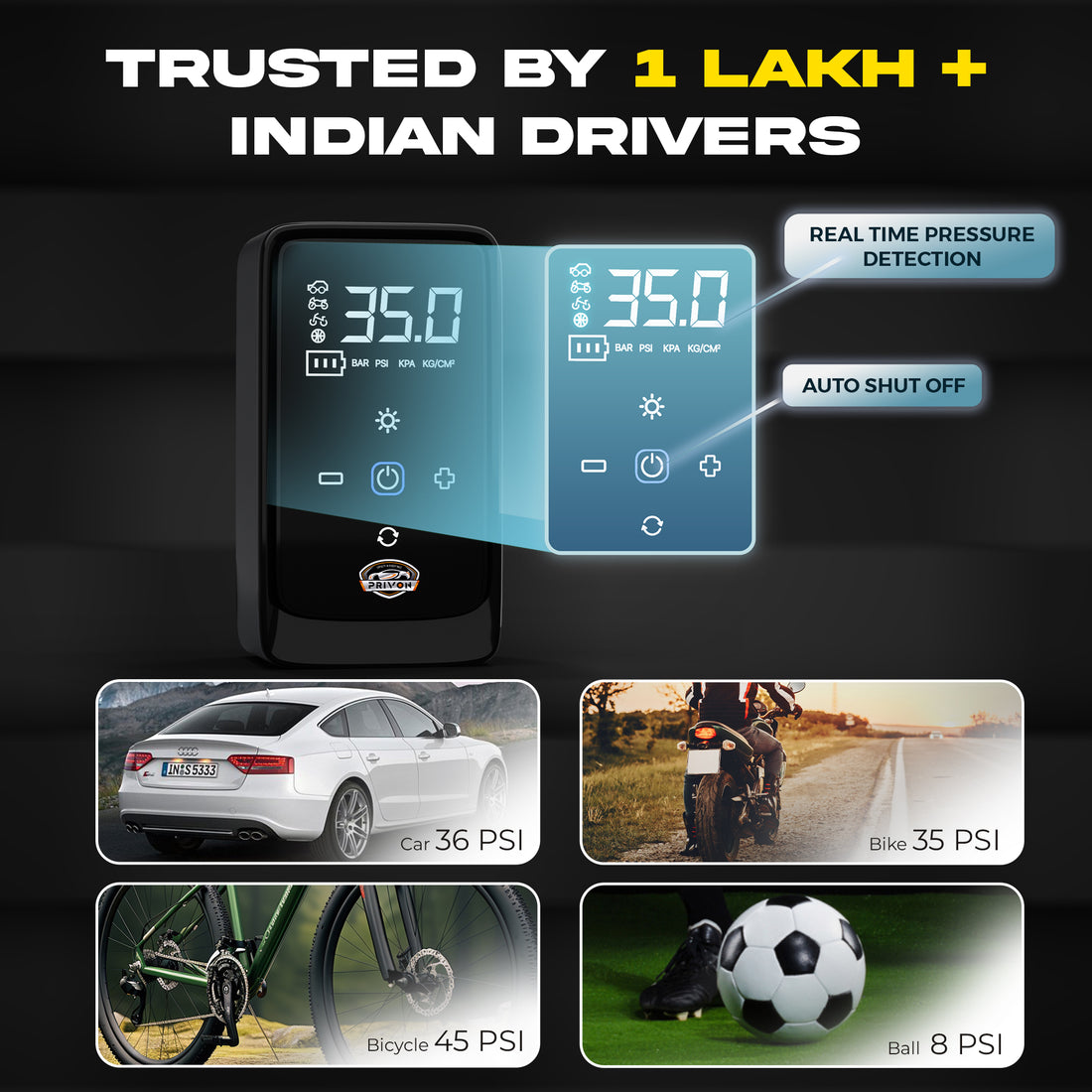 PRIVON Portable Tyre Inflator for Car and Bike, Cycle | 4500mAh Cordless & 12V Car Socket Air Pump | 150 PSI Digital Display | LED Flashlight | Power Bank | Auto Shut Off | 18M Warranty (Tez 1.0)