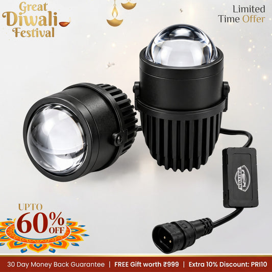 PRIVON 180W 2 inch Bi-LED projector fog lamp for car - Tri color (White, Warm white, Yellow) | 18000 Lumens | 1-Year Warranty | Plug & Play, (180W/pair, Pack of 2)