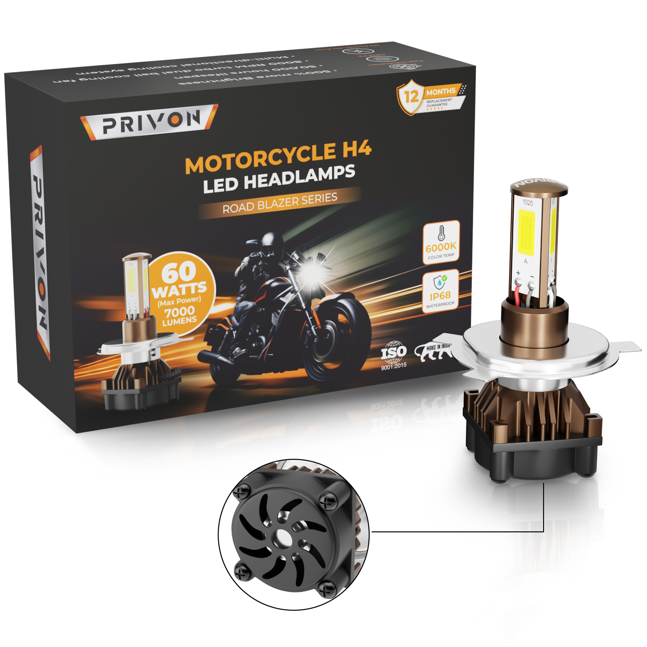 PRIVON 60W LED Headlight for Bike – 7000LM, 6000K White Light | Plug & Play | 1-Year Warranty | Ultra Bright LED Light for Night Ride (H4, pack of 1)