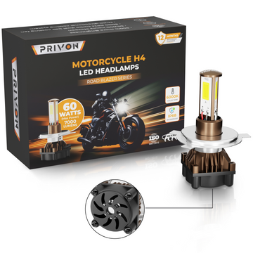 PRIVON 60W LED Headlight for Bike – 7000LM, 6000K White Light | Plug & Play | 1-Year Warranty | Ultra Bright LED Light for Night Ride (H4, pack of 1)