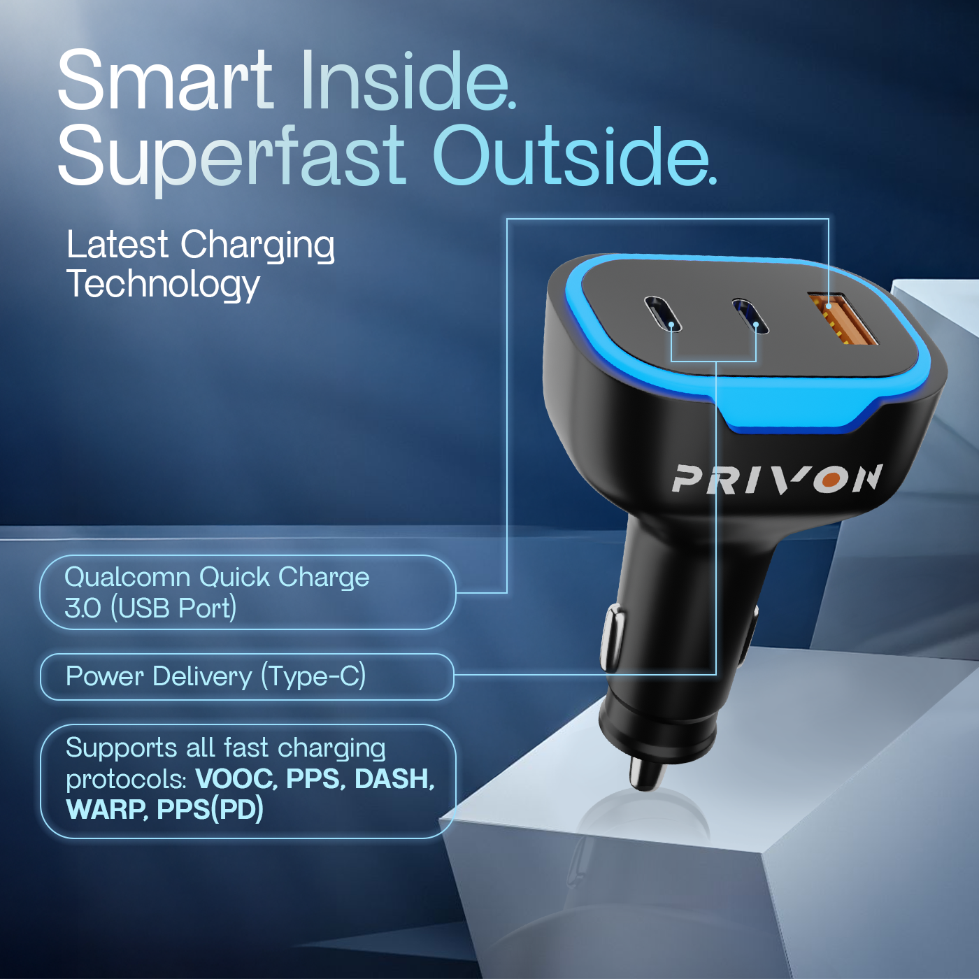 PRIVON 120 W Fast Car Charger with 4-in-1 Multi-Device Cable, 3 Ports (1× USB-A + 2× Type-C), PD & QC Fast Charging – Compatible with iOS & Android Mobile, Tablet, Earbuds, Power Bank & Smartwatch