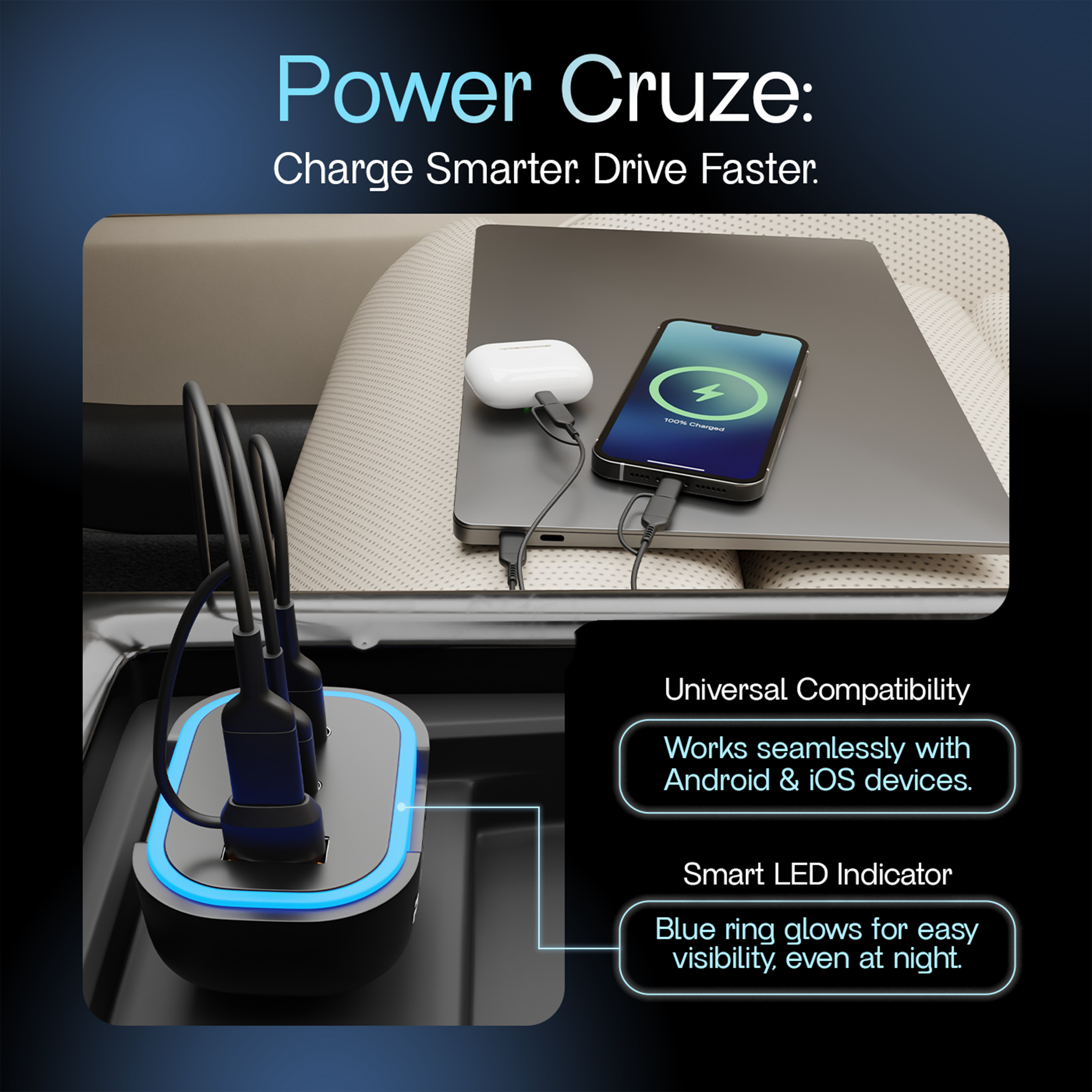 PRIVON 120 W Fast Car Charger with 4-in-1 Multi-Device Cable, 3 Ports (1× USB-A + 2× Type-C), PD & QC Fast Charging – Compatible with iOS & Android Mobile, Tablet, Earbuds, Power Bank & Smartwatch