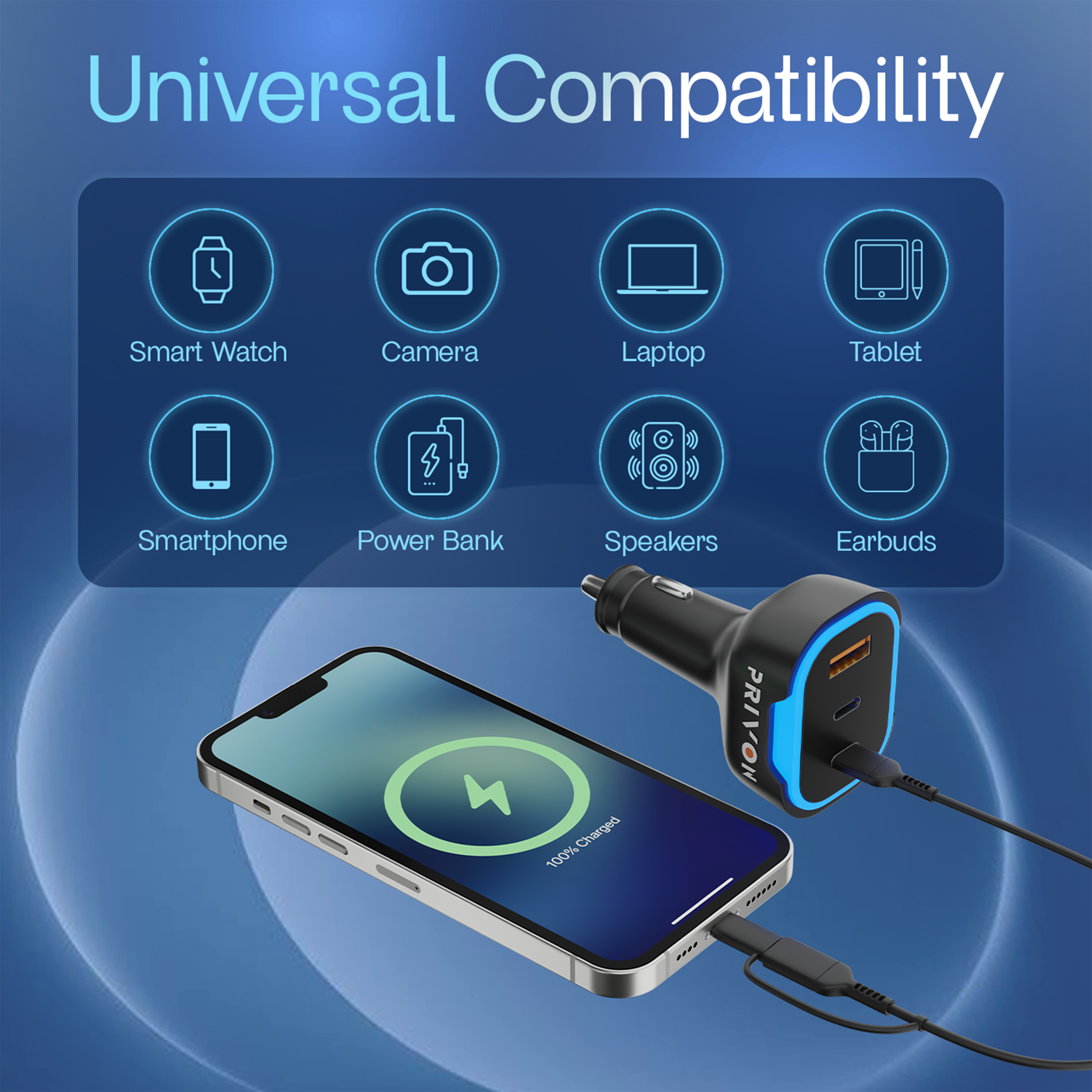 PRIVON 120 W Fast Car Charger with 4-in-1 Multi-Device Cable, 3 Ports (1× USB-A + 2× Type-C), PD & QC Fast Charging – Compatible with iOS & Android Mobile, Tablet, Earbuds, Power Bank & Smartwatch
