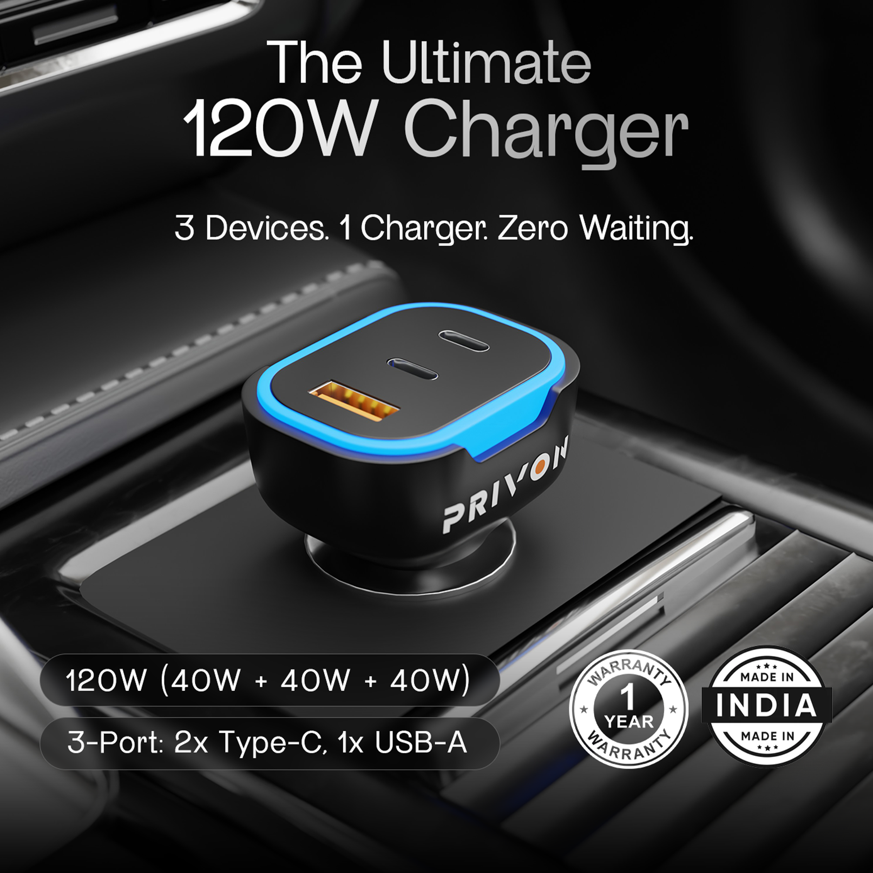 PRIVON 120 W Fast Car Charger with 4-in-1 Multi-Device Cable, 3 Ports (1× USB-A + 2× Type-C), PD & QC Fast Charging – Compatible with iOS & Android Mobile, Tablet, Earbuds, Power Bank & Smartwatch