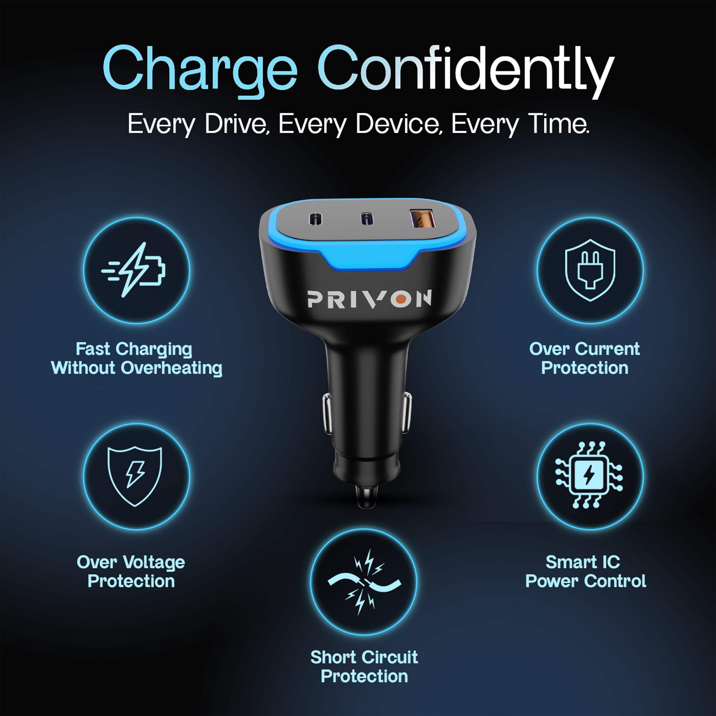 PRIVON 120 W Fast Car Charger with 4-in-1 Multi-Device Cable, 3 Ports (1× USB-A + 2× Type-C), PD & QC Fast Charging – Compatible with iOS & Android Mobile, Tablet, Earbuds, Power Bank & Smartwatch