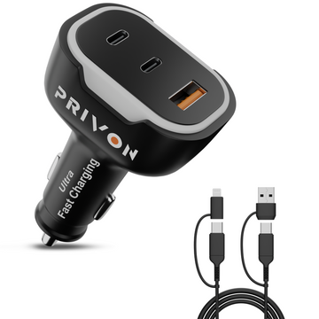 PRIVON 120 W Fast Car Charger with 4-in-1 Multi-Device Cable, 3 Ports (1× USB-A + 2× Type-C), PD & QC Fast Charging – Compatible with iOS & Android Mobile, Tablet, Earbuds, Power Bank & Smartwatch